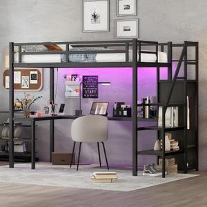 Metal Twin XL Size Loft Bed with Desk and Wardrobe,Heavy Duty Loft Bed Frame with Storage Stairs,LED Lights and Charging Station for Kids,Teens,Adults,Space Saving,Black