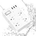 Outdoor Power Strip Weatherproof,Waterproof Surge Protector with 4 Outlets,3 USB,Shockproof Overload Protection, Multi Outlet Extension for Camping, Garden, Kitchen, Bathroom, 6ft Cord,with Flat Plug (White)