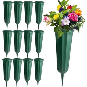 12 Pack Memorial Flower Vase Plastic Cemetery Vases with Spikes Cemetery Decorations for Grave Decorations for Cemetery Vases for Flowers Plastic Flowers for Grave Vase (Green)