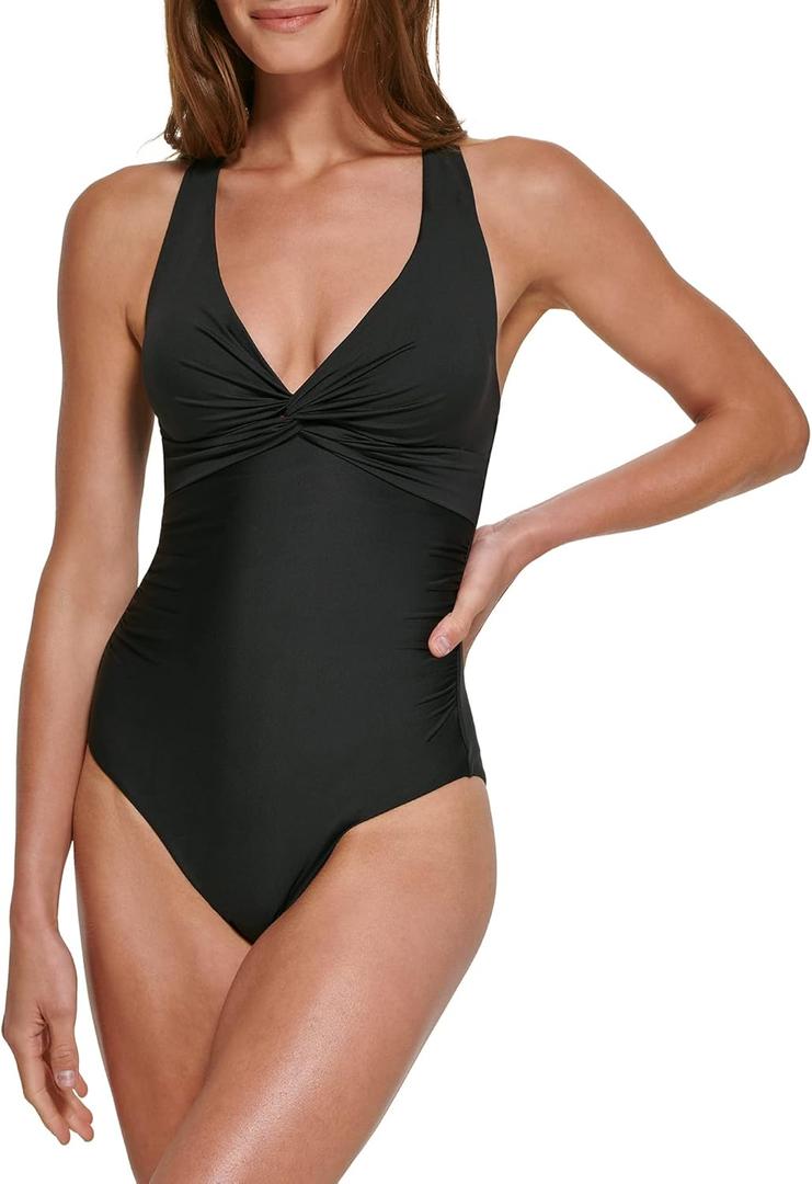 Calvin Klein womens V-neckline Shirred Front Strappy Back Ring Detail One Piece (16, Black)