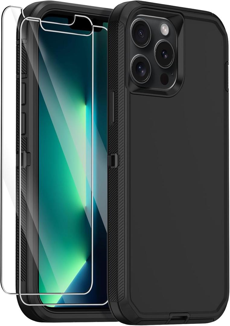 Annymall for iPhone 13 Pro Case with 2 Screen Protector,Shockproof Drop Protection Full Body Heavy Duty 3 Layer Military Rugged Durable Phone Cover for Apple iPhone 13 Pro 6.1" (Black)