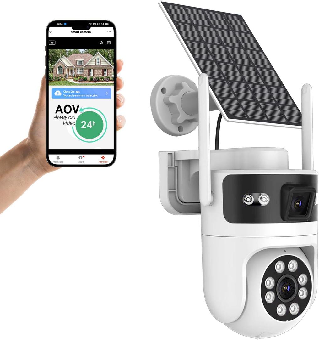 6MP Dual Lens Solar Security Cameras Wireless Outdoor, AOV 24/7 Recording Cameras for Home Security with 360 View, APP Alarm, Auto Tracking, Night Vision, Dual-Band WiFi, IP65, 8W Solar Panel