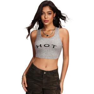 Women's Letter Print Sleeveless Tank Top Scoop Neck Slim Fit Crop Tops Shirts (S)