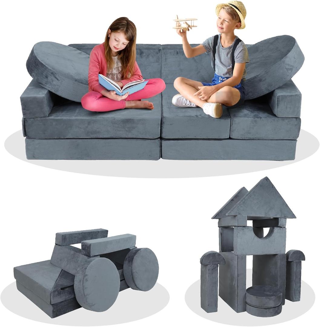Nugget Couch Kids 14pcs Modular Kids Play Couch Building Fort, Nugget Play Couch Kids Foam Couch for Playroom Bedroom Boy Girl Teens Gifts,Grey