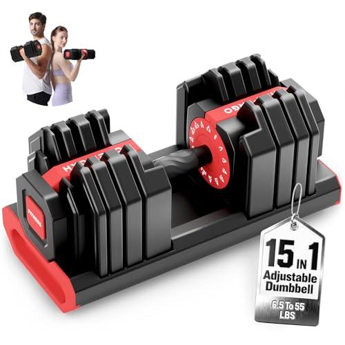 HXD-ERGO 15 IN 1 Adjustable Dumbbell Set/Single, 1-Second Quick Change Weights, 55/110 LBS Free Weights Adjustable Dumbbell with Anti-Slip Grip & Secure Lock, Space-Saving Home Gym Equipment for Men/Women Full Body Workout (Single, 55LBS)