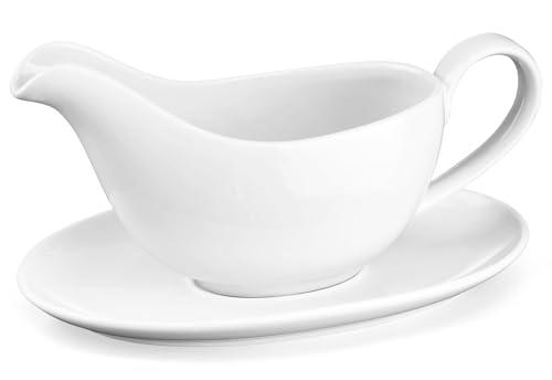 Yedio 12 oz Gravy Boat with Saucer, Large White Ceramic Gravy Boat, Boat and Tray for Turkey Beef Sauce, Salad Dressing, Creamer, Milk, Broth,Microwave and Dishwasher Safe