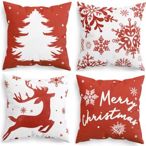 CaliTime Christmas Throw Pillow Covers Decorative 16 X 16 Inches Set of 4 Cozy Fleece Tree Deer Snowflakes Cushion Cases for Couch Sofa Bed Living Room Farmhouse Christmas Red