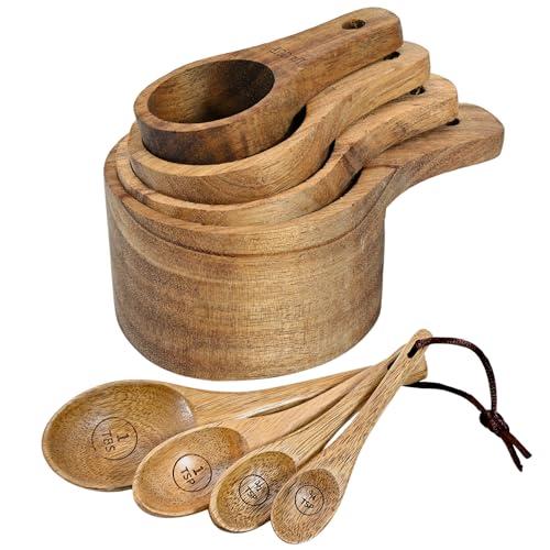 Wooden Measuring Cups and Spoons Set - Eco-Friendly Solid Acacia Wood, Laser Engraved Measurements for Precision, Perfect for Baking & Cooking, Ideal Gift for Bakers, Chefs & Home Cooks (Brown)
