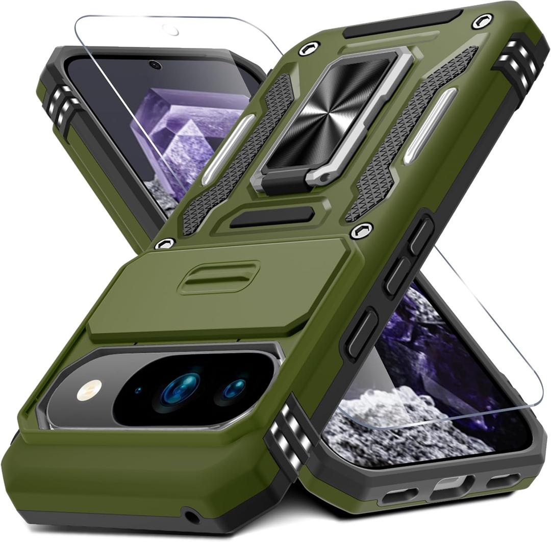DEERLAMN Case for Google Pixel 10/10 Pro with Slide Camera Cover+Screen Protector(1 Pack), Rotated Ring Kickstand Military Grade Shockproof Protective Cover-Olive Green