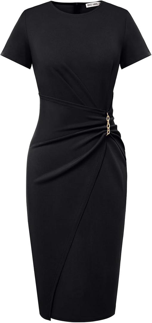 GRACE KARIN Work Dresses for Women 2026 Short Sleeve Sheath Business Midi Dress Wrap Bodycon Office Cocktail Outfits (Black, XXL)