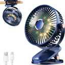 iNeibo 4000mAh Portable Clip on Fan with LED Lights, Battery Operated USB Desk Fan,4 Speed Quiet Rechargeable Mini Table Fan, 360 Rotate Personal Cooling Fan for Home Office Stroller Camping Blue