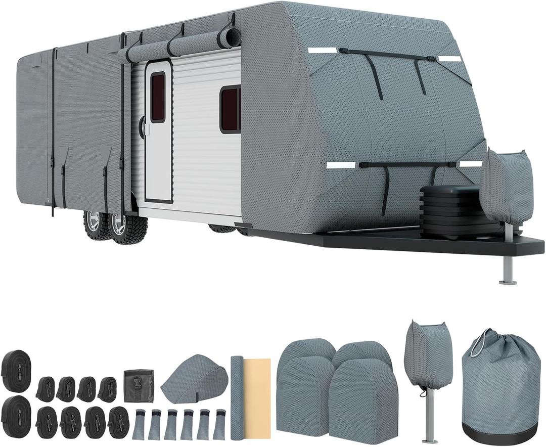 Mofeez Travel Trailer RV Cover, Extra-Thick Upgraded 7 Layers for Camper Cover 20'-22' Windproof Waterproof Rip-Stop Camper Cover with Adhesive Repair Patches, 2Pcs Extra Straps & 4 Tire Covers