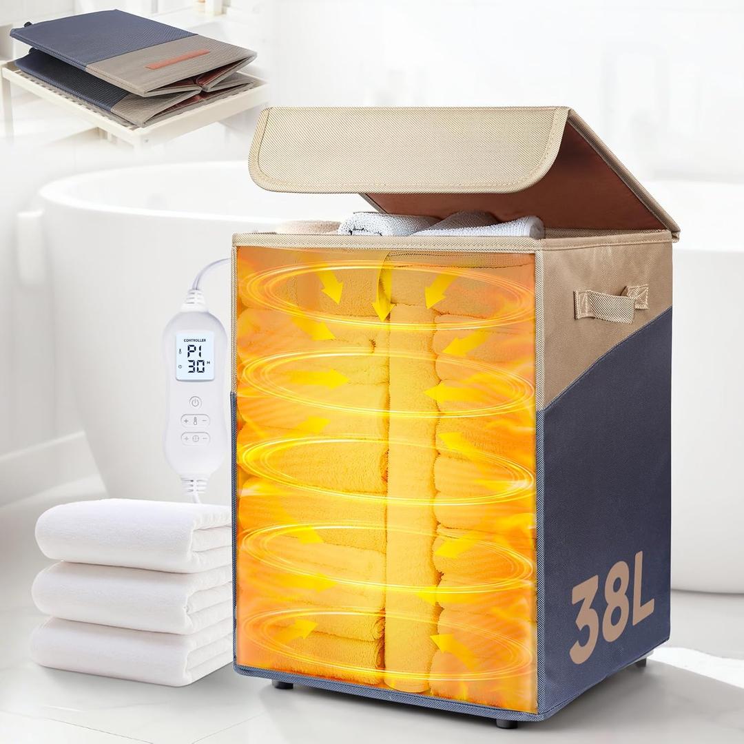 38L Foldable Towel Warmer Bucket - Large Capacity for Bathroom, Spa, Oversized Towels & Blankets | 4 Heating Modes, Auto Shut-Off (30/60/90 Min) | Ideal for Robes, Pajamas & Housewarming Gifts (Blue and Yellow)