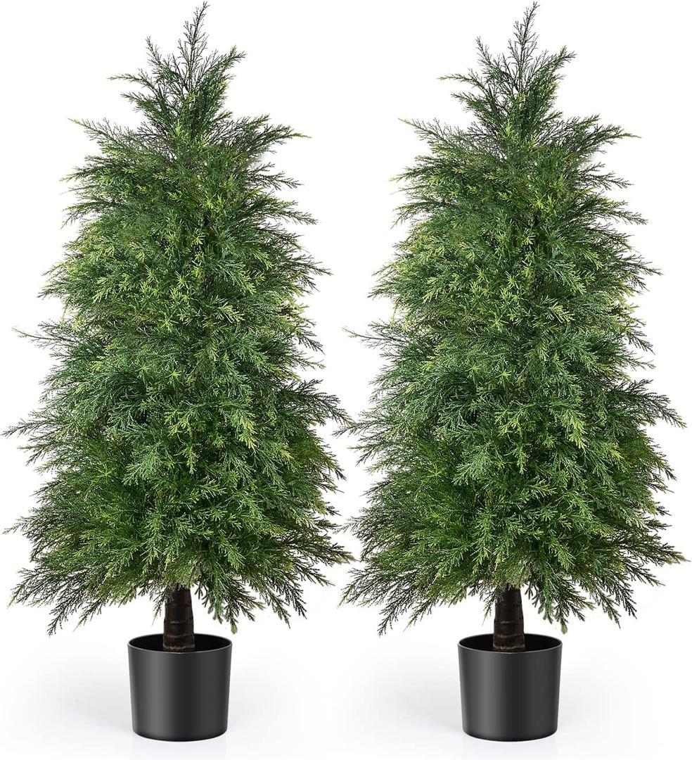2 Pack 4ft Artificial Cedar Topiary Trees for Outdoor Front Porch Dcor, UV Rated Fake Potted Plants for Indoor and Outdoor Use