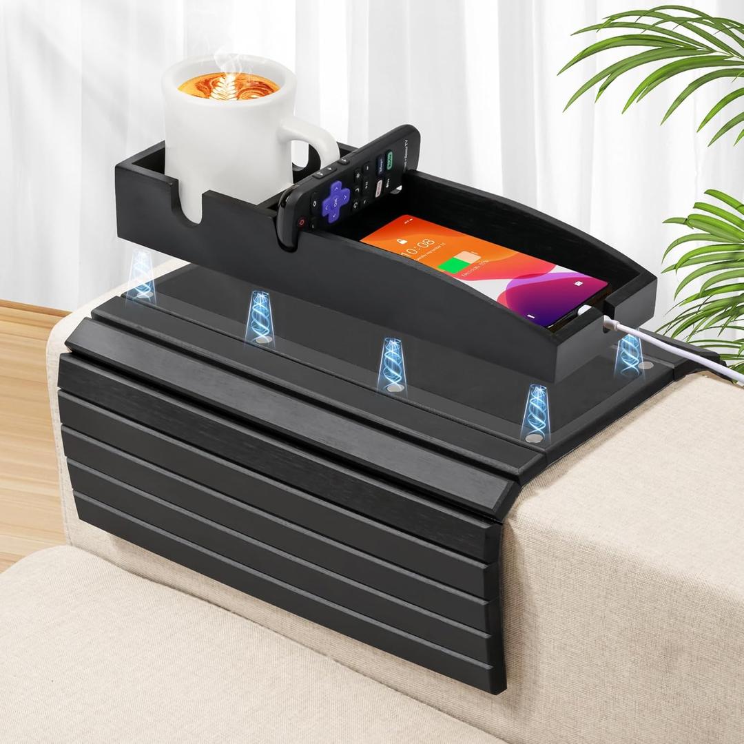 Joy&Grace Couch Cup Holder, 3-in-1 Magnetic Detachable Couch Arm Tray, Bamboo Sofa Armrest Table with Anti-Slip Pad, Sofa Armrest Tray Table (Black)