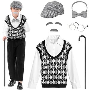 VICAMB Old Man Costume for Kids 100 Days of School Costume for Boys Old Person Costume Grandpa Outfit with Hat & Accessories, 5-7Y