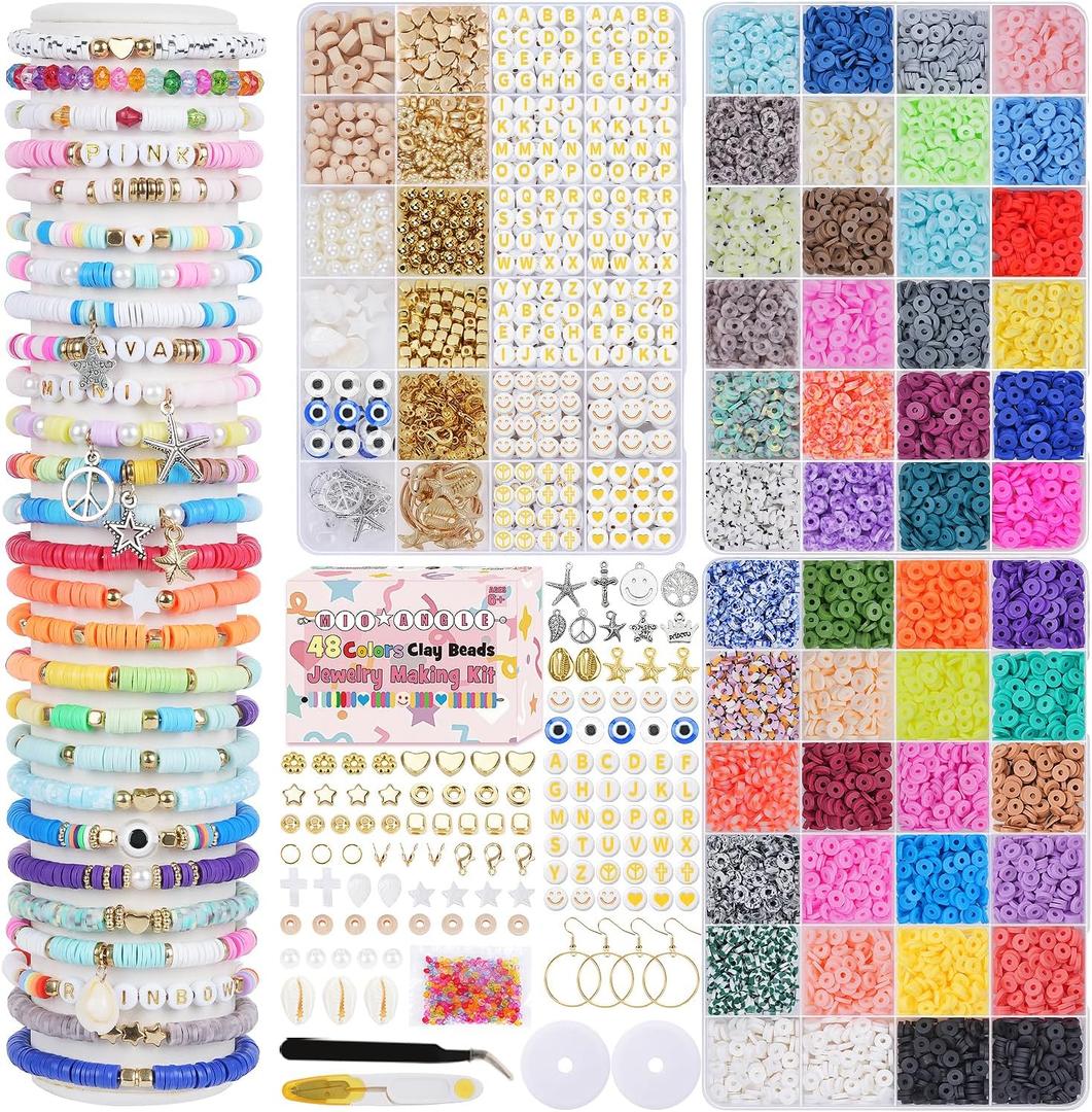 Mio Angle Friendship Bracelet Making Kit 3 Box 48 Colors Clay Beads Heishi Beads Jewelry Making Kit Letter Beads Charms Pearl Cute Chams Holiday Gifts for Girls Adults