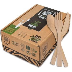 Bamboo Cutlery Set 100 Piece - 50 Forks 25 Knives 25 Spoons - Heavy Duty Disposable Utensils Silverware for Parties Weddings BBQ Camping - Reusable Natural Flatware - 2ZEBRAZ