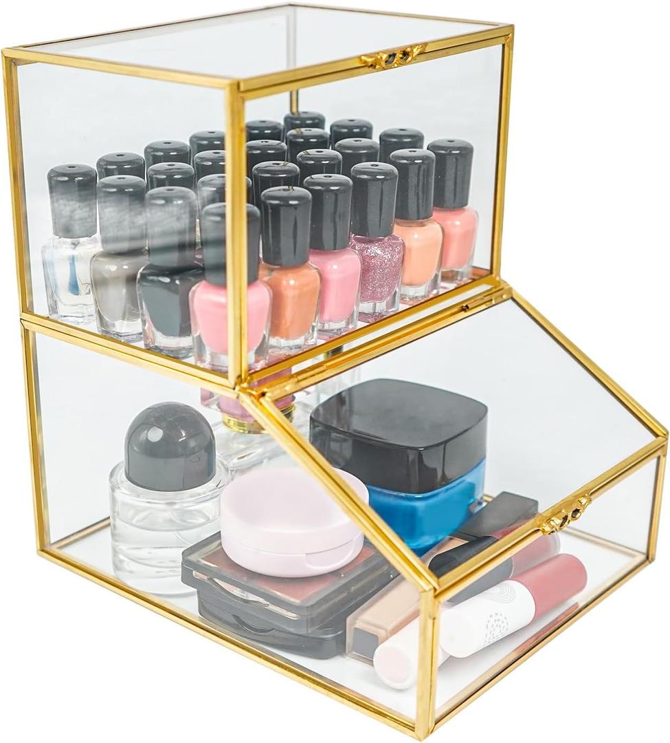 Gold Glass Makeup Organizer,2 Tier Bathroom Organizers and Storage Bin for Cosmetic Perfume Nail Polish,Clear Make Up Organizers for Vanity Bathroom Cabinet Kitchen Under Sink