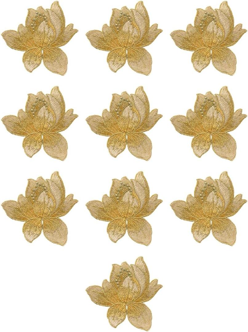 10 Pieces Blooming Lotus Embroidered Applique Orchid Flower Iron on Patches Sew on Badge Stickers for Clothes Backpack Repairing Embellishment Decorations (Gold)