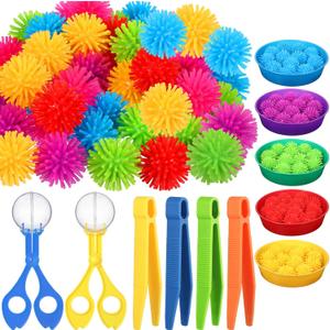 Leitee 71 Pcs Sensory Bin Filler Include 60 Hedge Balls 4 Tweezers 2 Scissors Clips 5 Cups Fine Motor Skills Toys Set for Boys Girls Early Education and Counting Sorting Training(Blue,Classic)