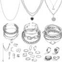 IFKM 36 PC Silver Plated Jewelry Set With 3 Necklace, 12 Bracelet, 7 Ear Cuffs Earring, 14 Knuckle Rings For Women Girls Valentine Anniversary Birthday Friendship Gift