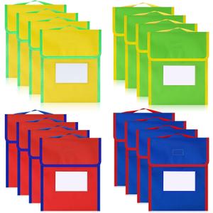 Book Bags for Classroom Medium Book Pouches Bulk Colorful Reading Bags with Name Tag Pockets Protector Pouch Student Chair Pockets, Waterproof 12 x 10 Inches(16 Pcs)