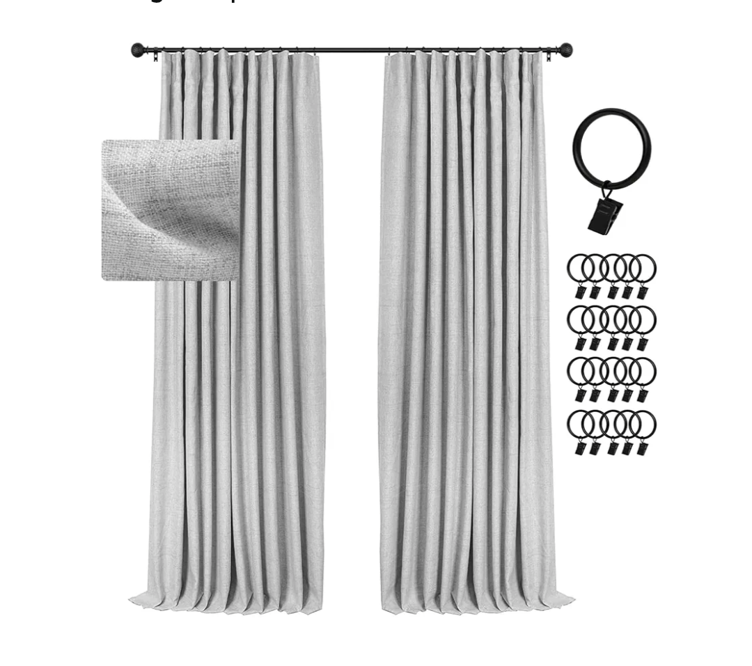 INOVADAY 100% Blackout Curtains for Bedroom, Black Out Curtains 84 Inch Long, Clip Rings Linen Blackout Drapes, Thermal Insulated Room Darkening for Living Room, 2 Panels - Grey,W50xL84