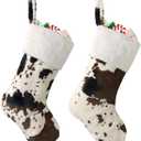 2 Pack Plush Christmas Stockings Cow Print with White Cuff Large 20" Faux Fur Farmhouse Christmas Hanging Stockings for Xmas Holiday Fireplace Decorations