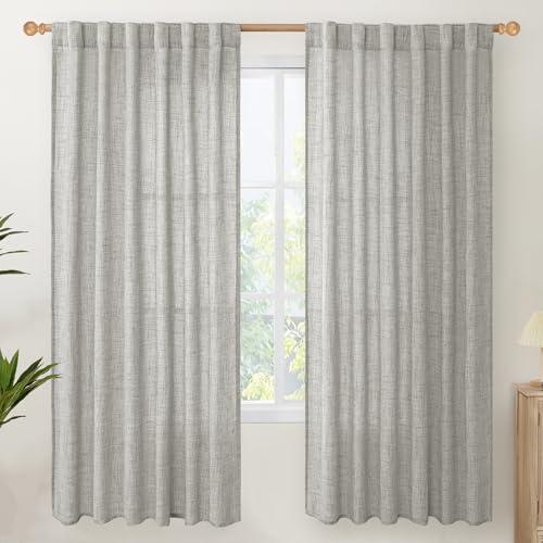 YoungsTex Dark Grey Linen Semi Sheer Curtains 2 Panels for Living Room, Light Filtering Window Treatments Textured Privacy with Back Tab Rod Pocket for Bedroom, 52 X 72 Inch