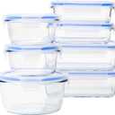 Leak-Proof Glass Locking Lids Food Storage Containers, 8 -Piece Set,4 Count of Bases and 4 Plastic Lids, Clear, Blue, BPA Free