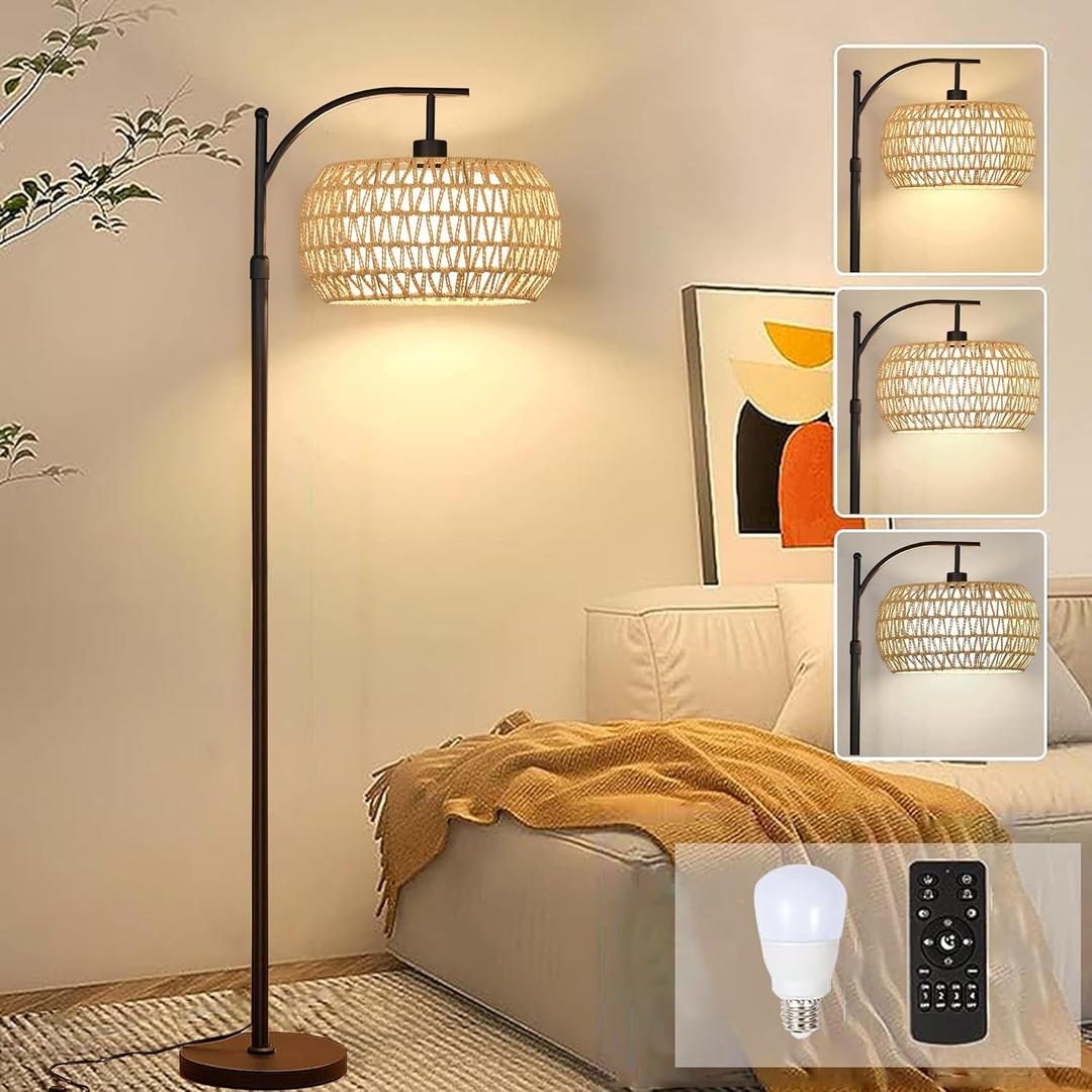 Arc Floor Lamps for Living Room Rattan Boho Floor Lamp with Remote Control, Dimmable LED Floor Lamps Wicker Lamp Shades Black Standing Lamp with 3 Color Temperature Tall Floor Lamp For Bedroom Corner