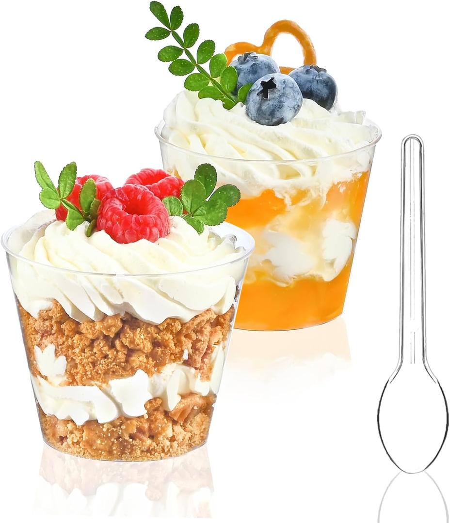 TOFLEN 50 Pack 5 oz Mini Dessert Cups with Spoons, Round Cake Cups Party Serving Cups for Parfait, Appetizers, Cocktails, Dessert Shooters & Dessert Shot Glasses