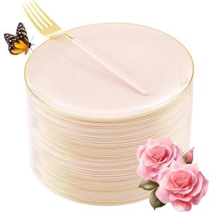 LIYH 96 Pcs Pink and Gold Disposable Plastic Dessert Plates and Forks Set - 7.5" Plastic Appetizer Plates & 9" Gold Cake Forks for Tea Parties, Birthdays, Baby Shower 48 Guests