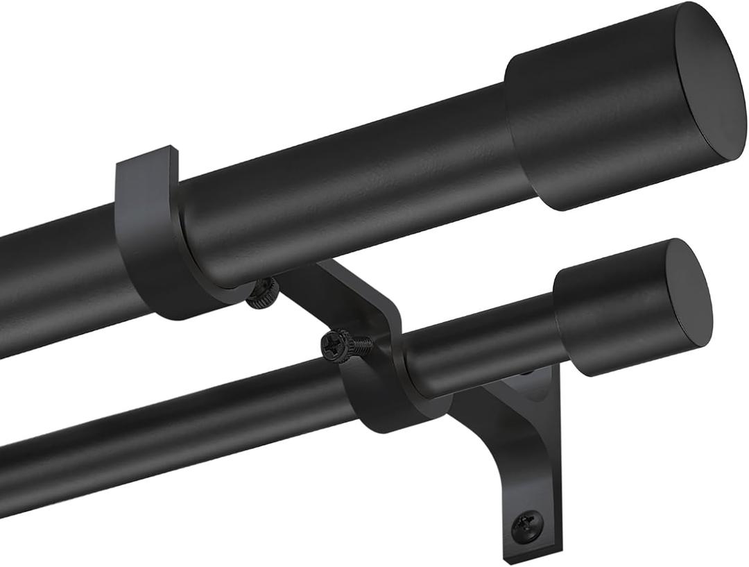 Double Curtain Rods 36-72", Matte Black Double Curtain Rods with Cap Finials, Adjustable 1 Inch Front and 5/8 Inch Back Double Drapery Rod, Telescoping Double Rods Curtain Rods