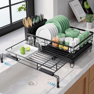Kitsure Extendable Dish Drying Rack - Rust-Resistant Dish Racks for Kitchen Counter with Adjustable Support Legs, Cutlery Holder & Removable Draining Tray (Black, 15.6''-25.2''L  16.9''W  8.1''H)