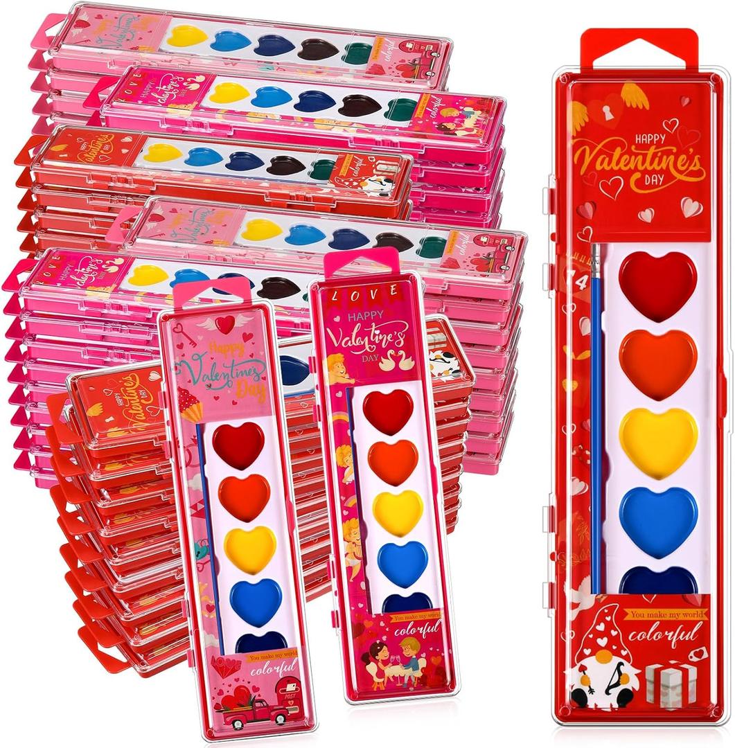 36 Packs Valentines Heart Watercolor Paint Set 8 Washable Colors with Brushes Water Color Painting Kit Party Favor Valentines Gifts Painting Kit for Adult