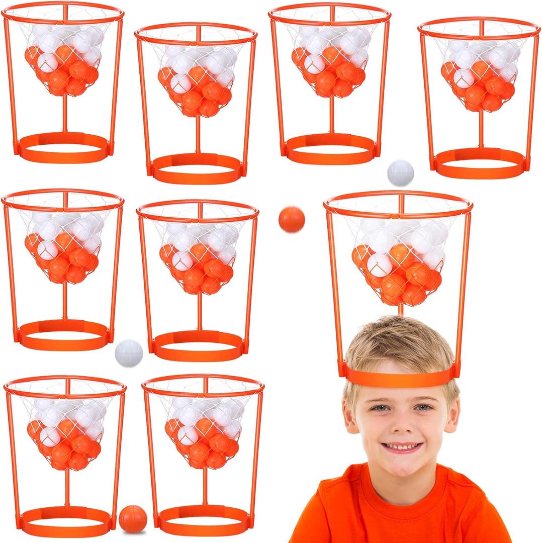 Libima 12 Pcs Head Hoop Basketball Party Game Set Portable Adjustable Basket Net Headband with Balls for Birthday Carnival Office Indoor Outdoor Activity(Orange)