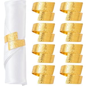 Gold Napkin Rings Set of 8, Metal Rose Pattern Napkin Ring