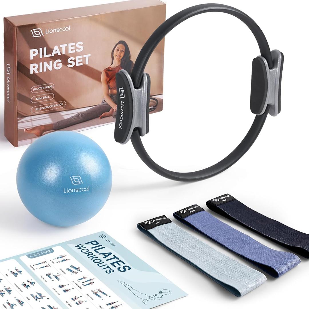 LIONSCOOL Pilates Ring Set 14" Anti-Deformation Magic Circle with Padded Handles, Mini Ball, Resistance Bands, Guide & Bag