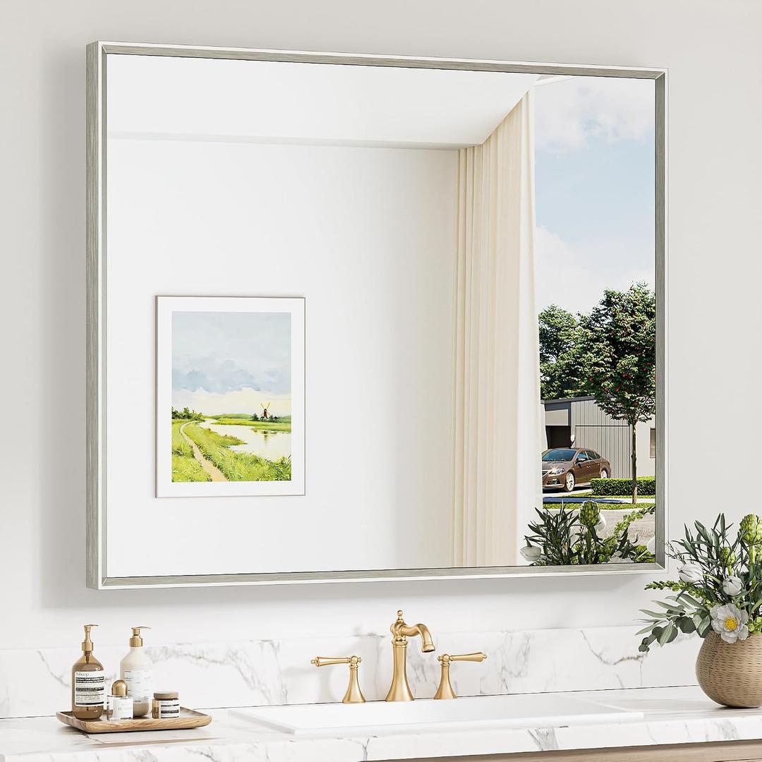 Keonjinn 42 x 36 Inch Brushed Nickel Bathroom Mirrors for Over Sink, Beveled Rectangle Framed Mirrors for Wall, Farmhouse Bathroom Vanity Mirror, Square Corner, Hangs Horizontally or Vertically