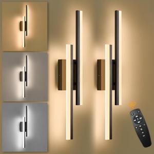 LED Wall Sconce Set of 2 Black Remote Modern LED Vanity Lights Set of 2 Indoor Wall Light Fixtures for Living Room, Dimmable Wall Sconce for Bedside Bedroom Bathroom, Black, 24 inches(2 pack)