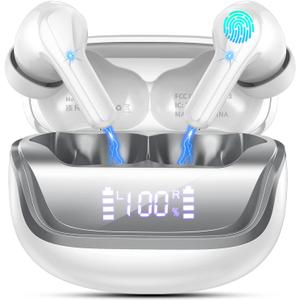 Wireless Earbuds, Bluetooth 5.4 Headphones Deep Bass Stereo, in-Ear Earphones with ENC Noise Canceling Mics, 45H Playtime Ear Buds Dual LED Display, IP7 Waterproof Wireless Headphones for Android iOS (Milky White)