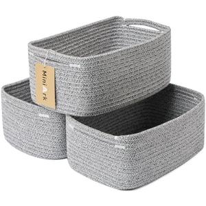 MiniArk Small Storage Baskets for Organizing | Closet Organizer Bins | Shelf Toy Basket | Woven Rope Baskets | Cube Decorative Box | Shallow Basket | 13x8.5x5.1” | 3 Packs Mixed Grey
