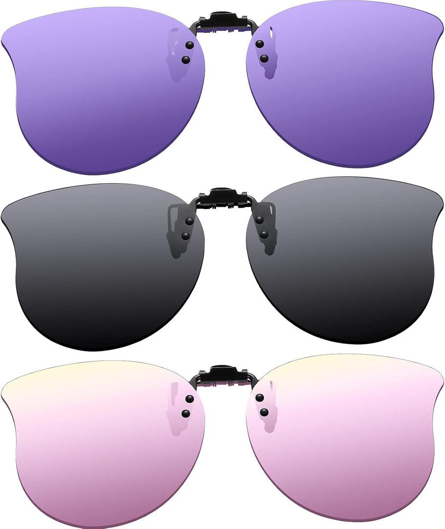 Frienda 3 Pairs Oversize Polarized Clip On Sunglasses Large Cat Eye Flip Lens Rimless Sunglasses for Women (Retro Colors)
