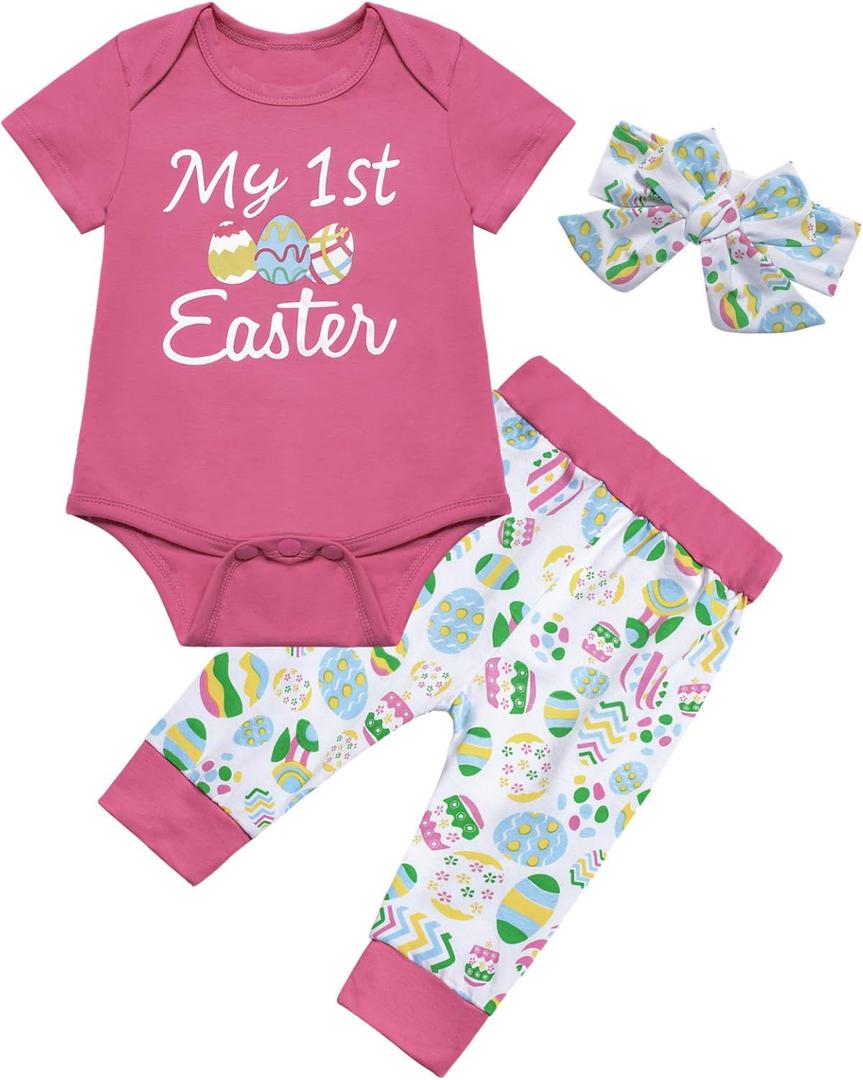 Easter Baby Girls' Eggs Outfit Set Romper Cute Pants with Headband (Yellow)