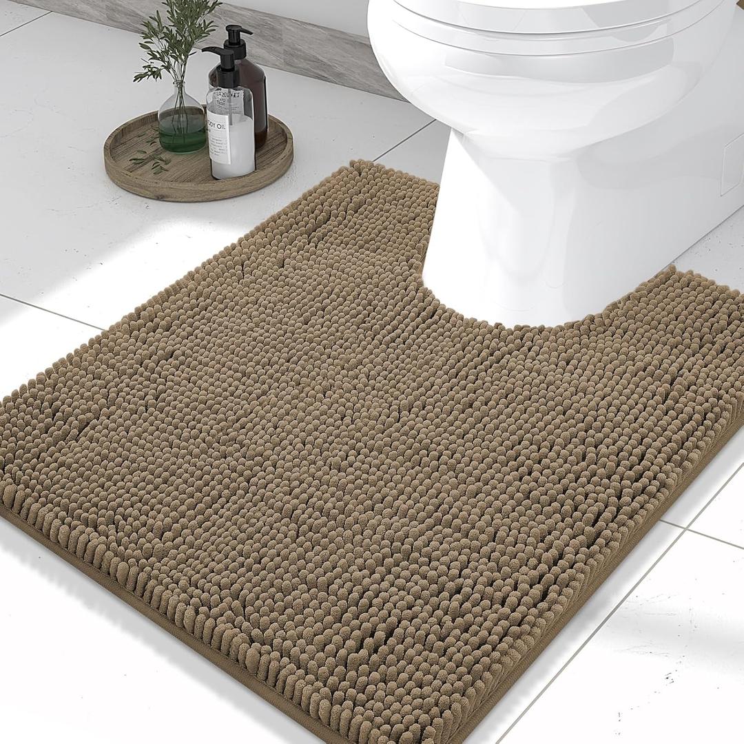 Smiry Luxury Chenille Toilet Rugs U-Shaped 24x20, Soft Absorbent Non-Slip Contour Bathroom Rugs for Toilet, Machine Washable Contoured Bath Mats, Camel