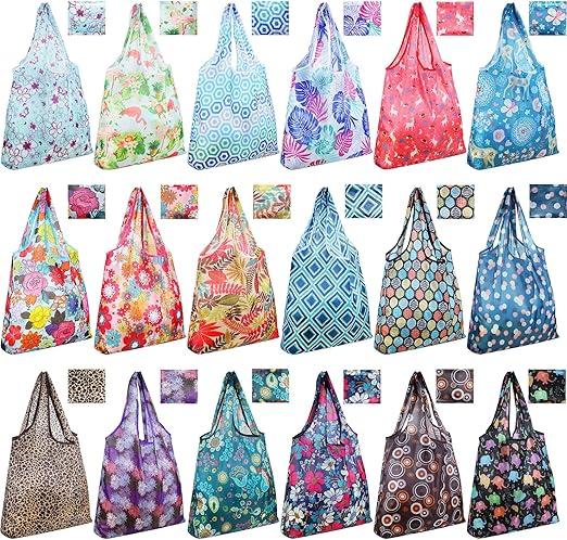Weewooday 18 Pieces Foldable Reusable Shopping Bags Machine Washable Grocery Bags Waterproof
