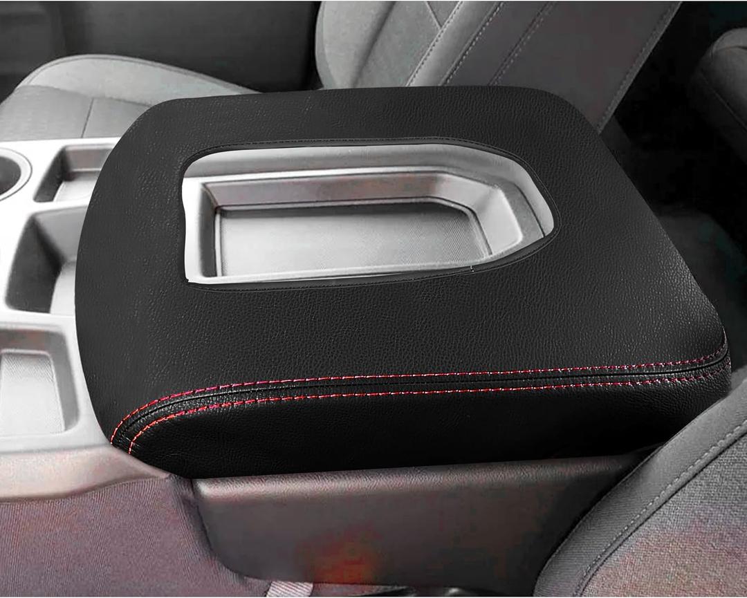 Center Console Cover for Chevy Silverado/GMC Sierra Accessories 2019-2023 2024 2025 2026 Armrest Cover Anti-Scratch Leather Arm Rest Box Protective Pad Only Jump Seat (Red Stitches)