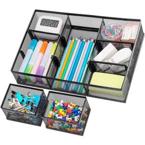 Marbrasse 3 Packs Desk Drawer Organizers, Metal Mesh Dividers Desk Drawer Organizer Tray with 9 Adjustable Compartments, Pen Organizer for Drawer Tray Box Accessories for Desktop,Kitchen, Makeup